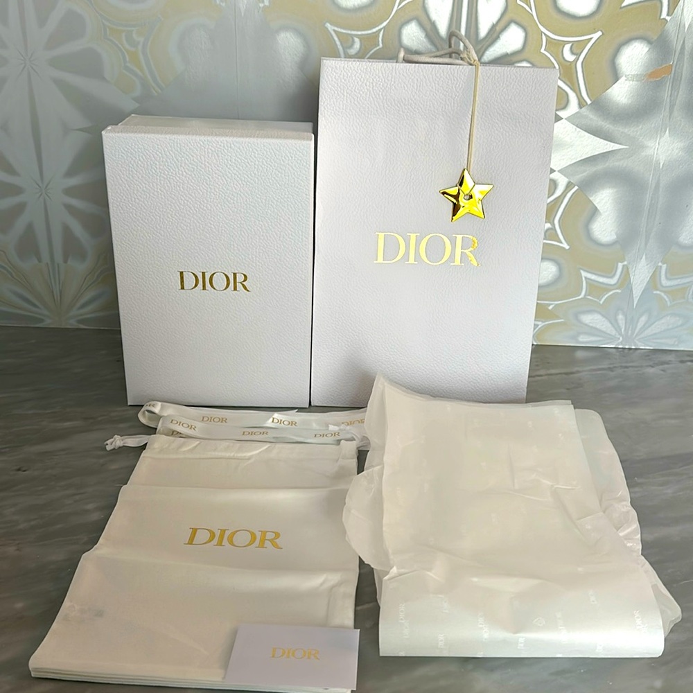 Dior shoe box collection, shoe bags. Tissue paper, ribbons.